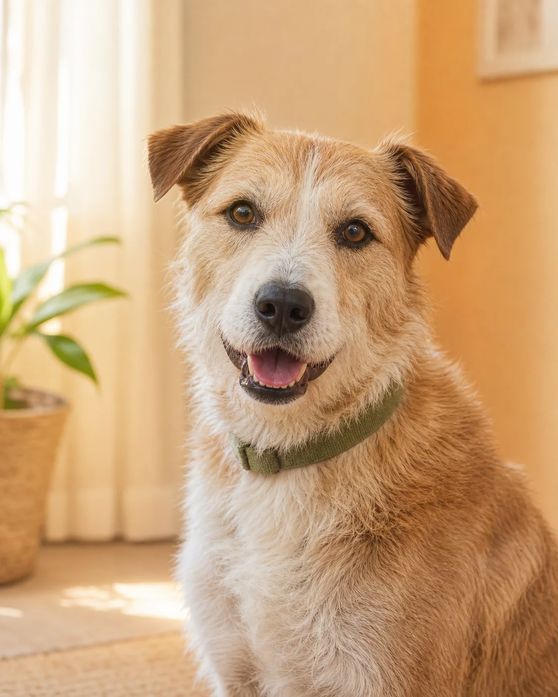 A happy caramel-and-white rescue dog looking toward the camera